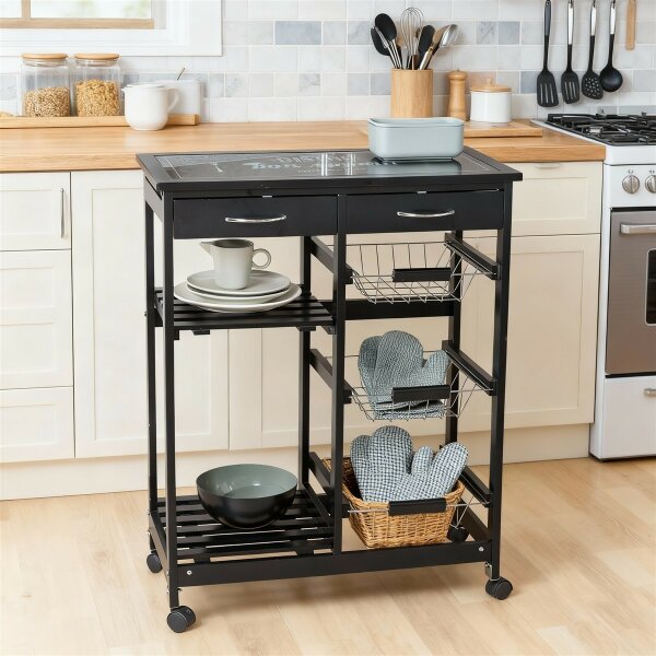 WENKO Küchenwagen „Bon Appetit“ – Servierwagen aus MDF mit Glasplatte, 2 Ablagen & 3 Körben