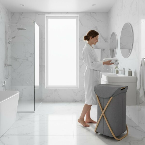 WENKO Wäschesammler „Nori“ Bambus, faltbarer Wäschekorb mit Tragegriffen