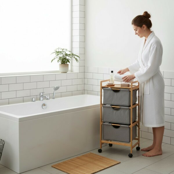 WENKO Wäschewagen „Nori“ Bambus, Roll-Wäschekorb mit 3 Schubladen & Rollen