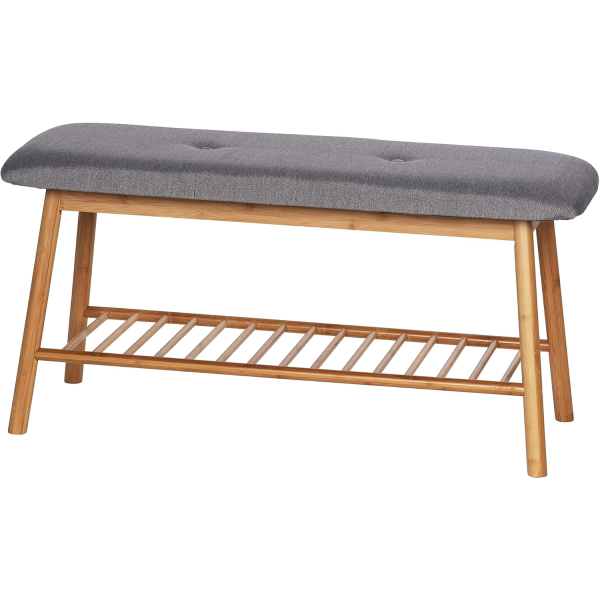 WENKO Schuhbank „Nori“ Bambus mit gepolstertem Sitz (Grau), Ablage für 4 Paar Schuhe